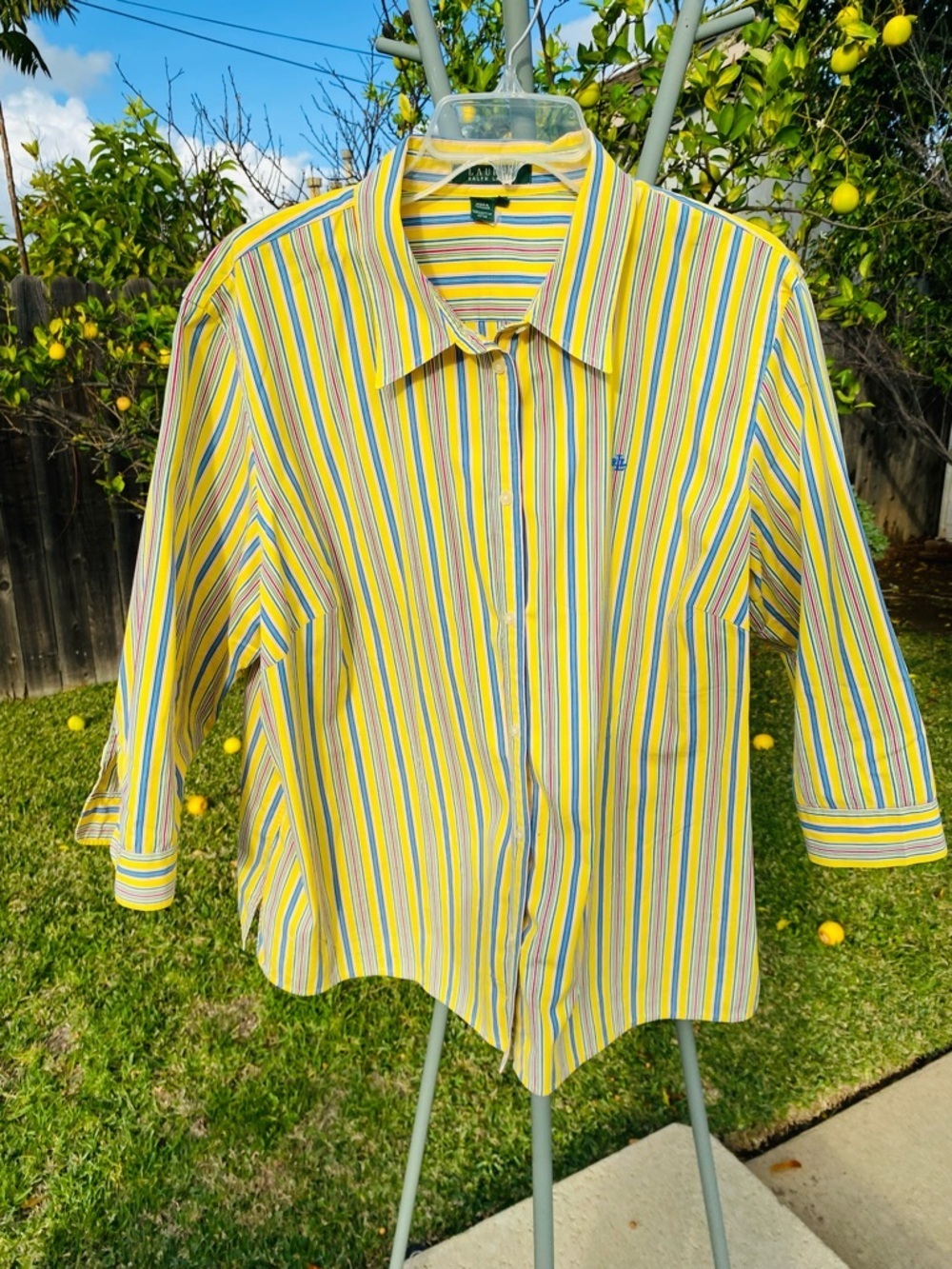 LAUREN RALPH LAUREN Yellow Striped Button Front Shirt 3x Cotton RL Logo - Picture 11 of 11